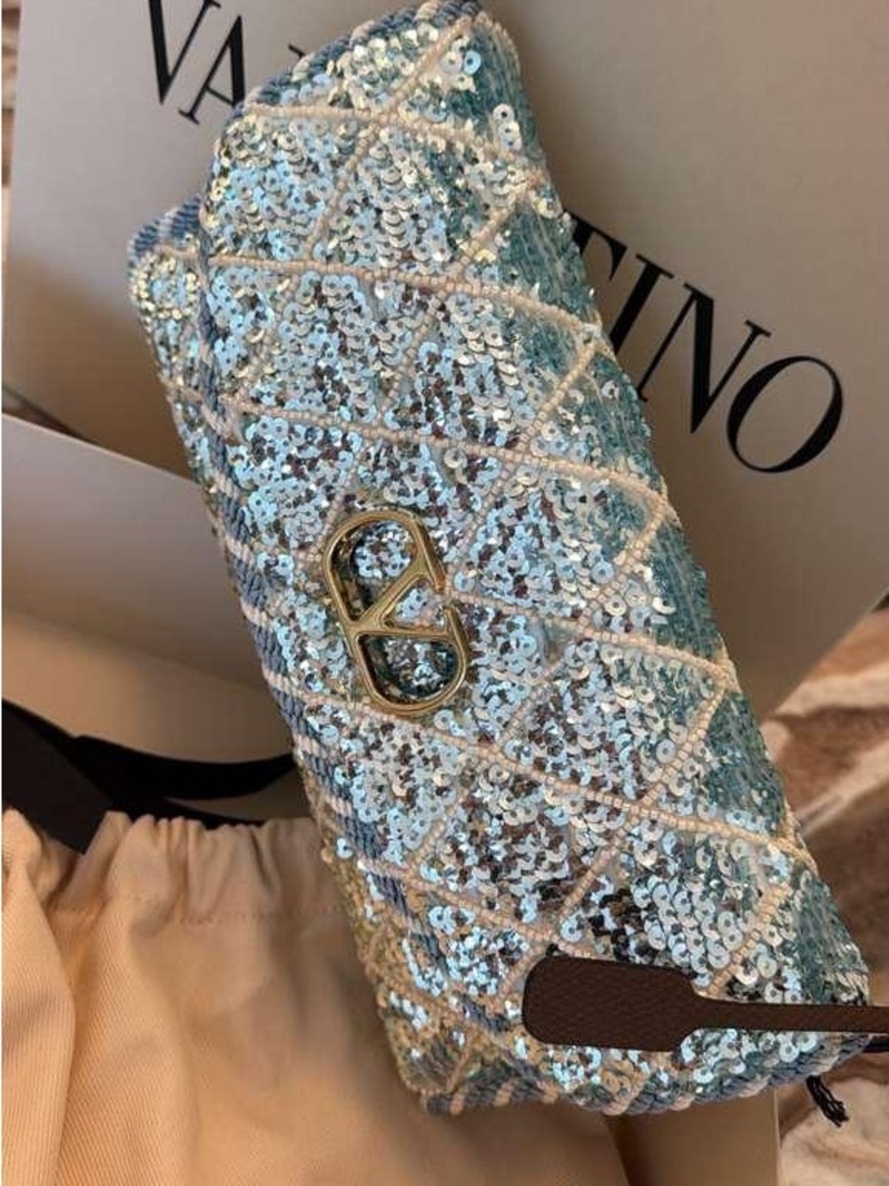 Valentino Garavani Light Blue Sequin Quilted Clutch with Gold Logo - Picture 4 of 5